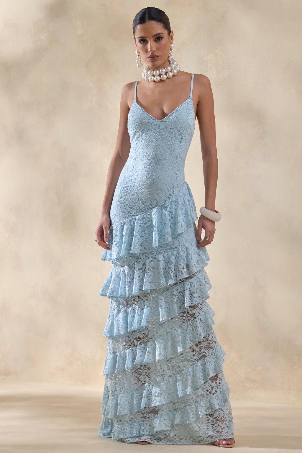 Blue Lace Deep V Tiered Ruffle Maxi Dress – Romantic Wedding Guest Evening Gown