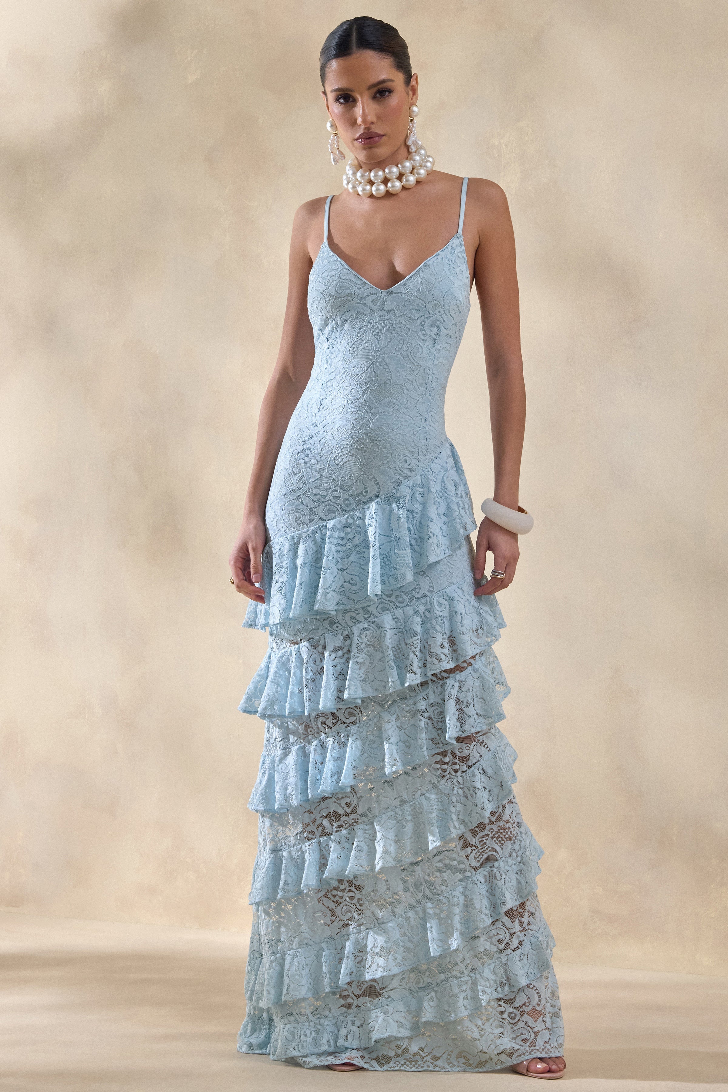 Blue Lace Deep V Tiered Ruffle Maxi Dress – Romantic Wedding Guest Evening Gown