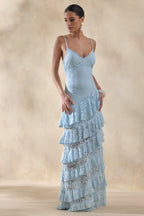 Blue Lace Deep V Tiered Ruffle Maxi Dress – Romantic Wedding Guest Evening Gown