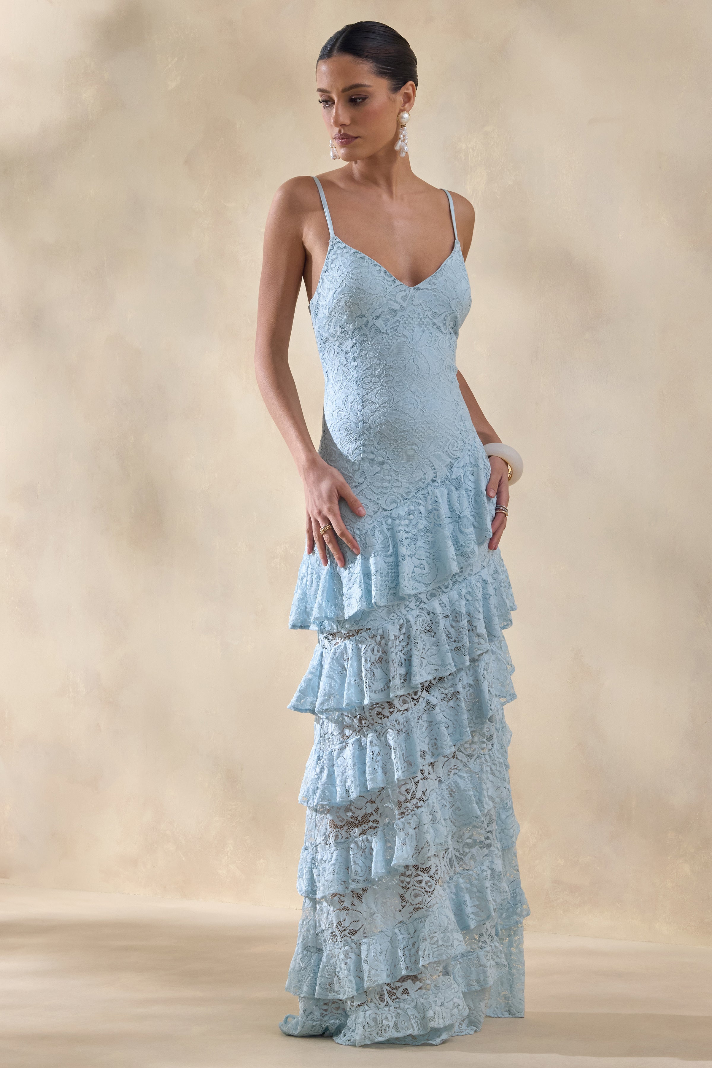 Blue Lace Deep V Tiered Ruffle Maxi Dress – Romantic Wedding Guest Evening Gown