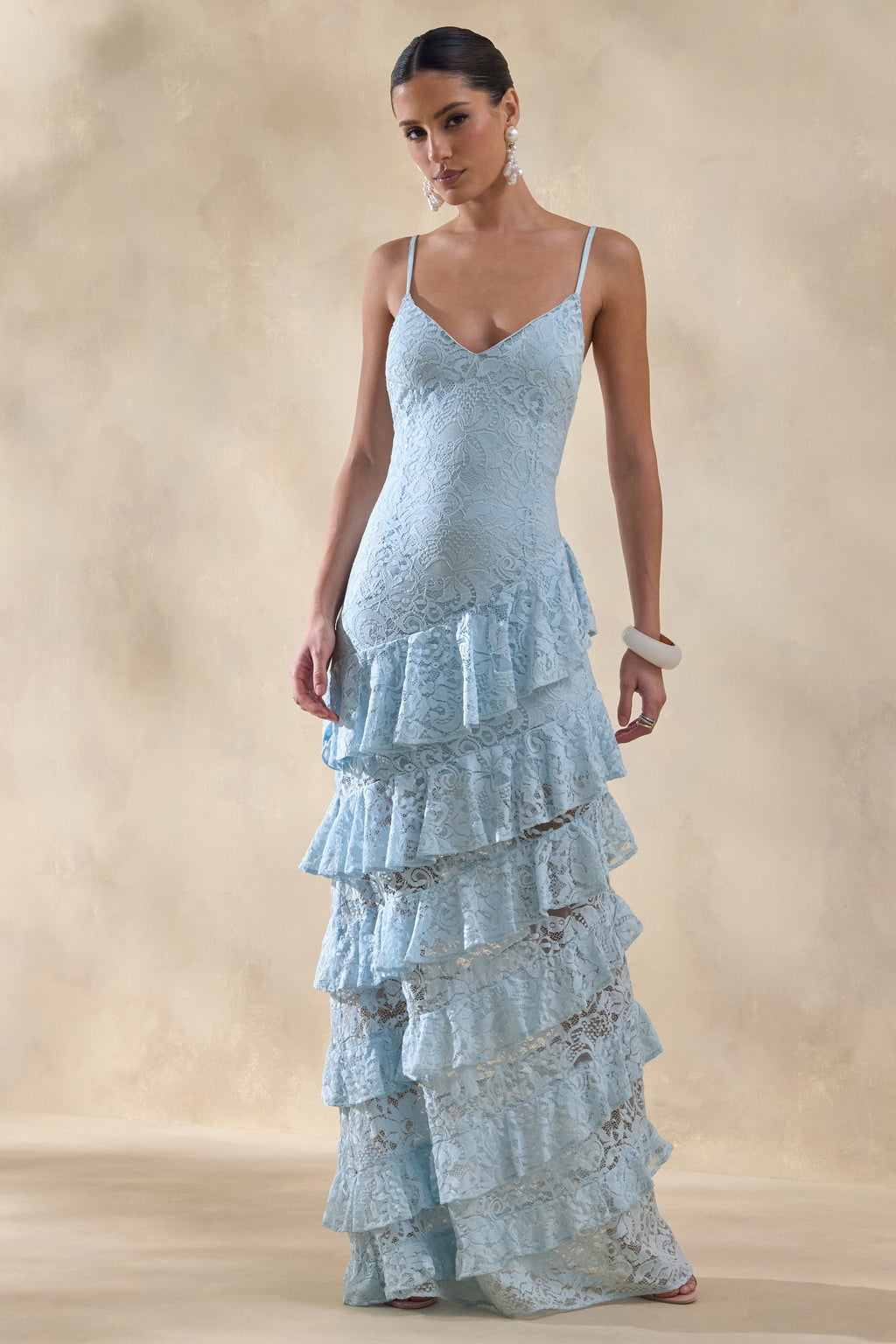 Blue Lace Deep V Tiered Ruffle Maxi Dress – Romantic Wedding Guest Evening Gown