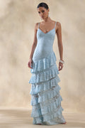 Blue Lace Deep V Tiered Ruffle Maxi Dress – Romantic Wedding Guest Evening Gown