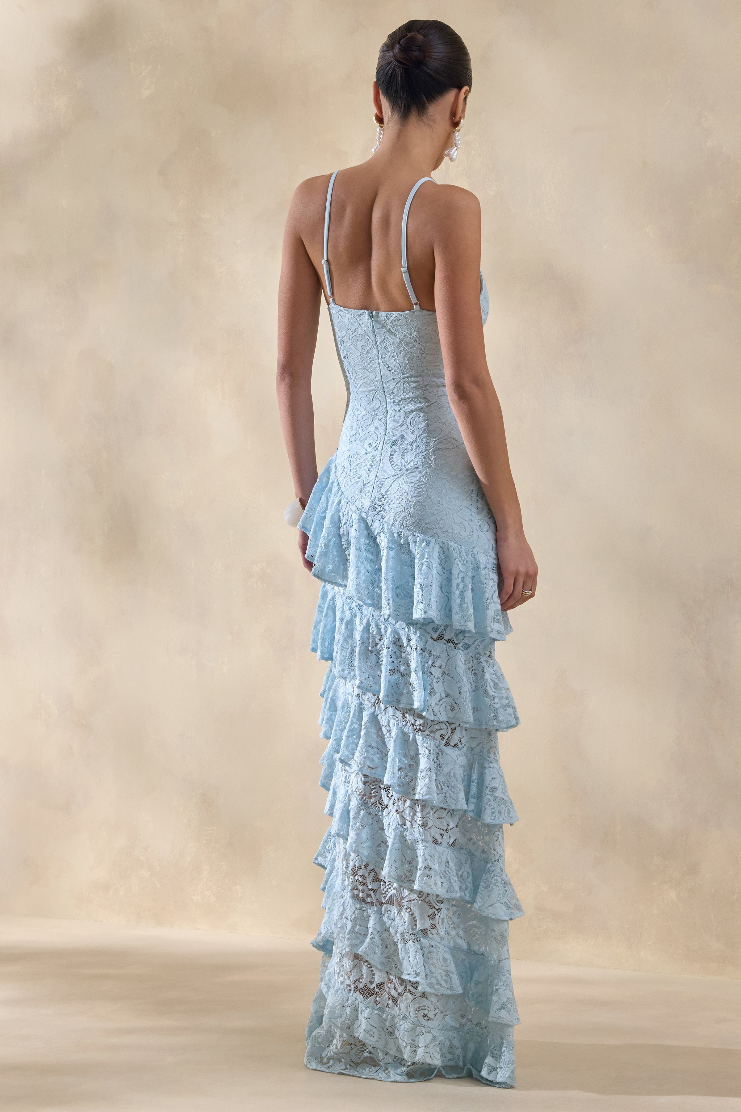 Blue Lace Deep V Tiered Ruffle Maxi Dress – Romantic Wedding Guest Evening Gown