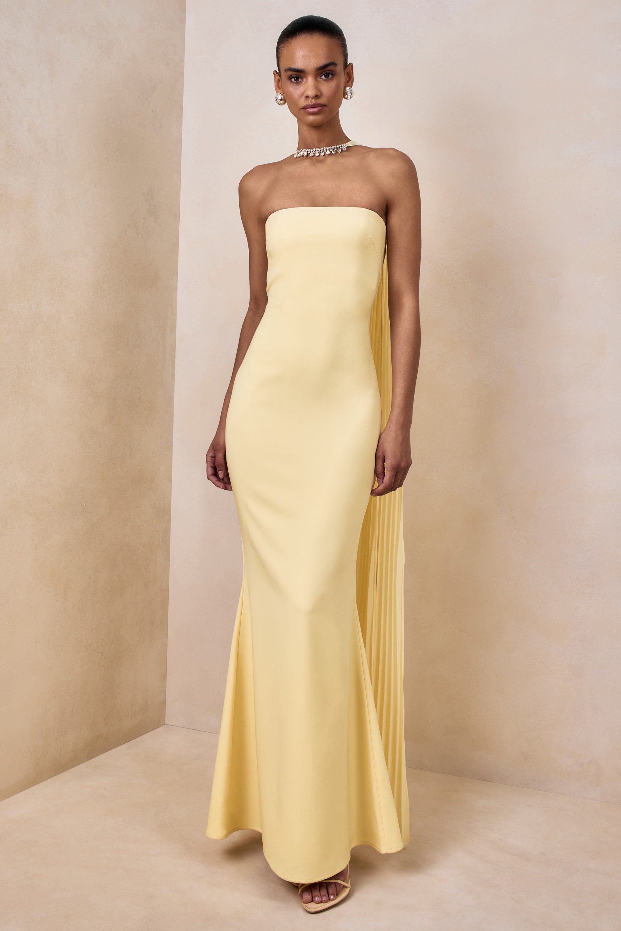 Lemon Bandeau Embellished Scarf Maxi Dress – Elegant Wedding Guest Evening Gown