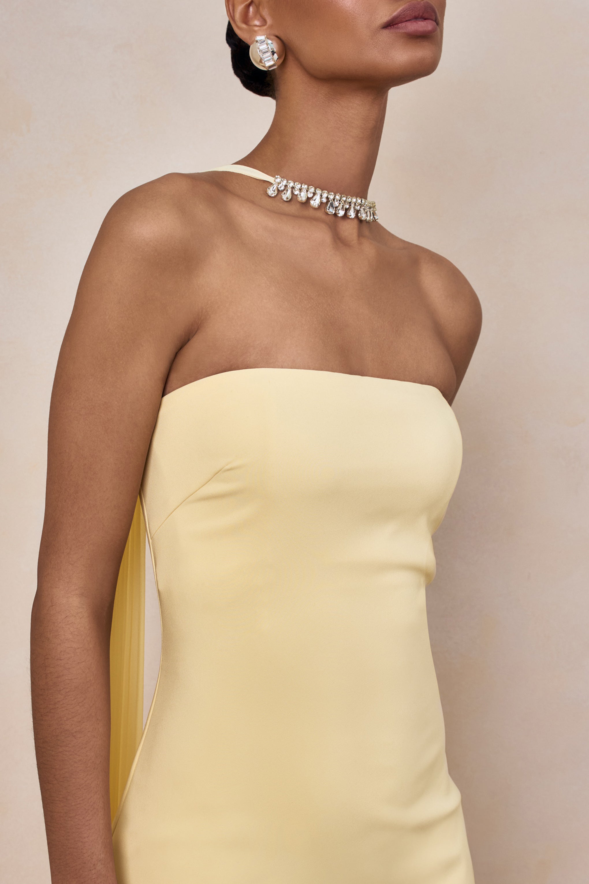 Lemon Bandeau Embellished Scarf Maxi Dress – Elegant Wedding Guest Evening Gown