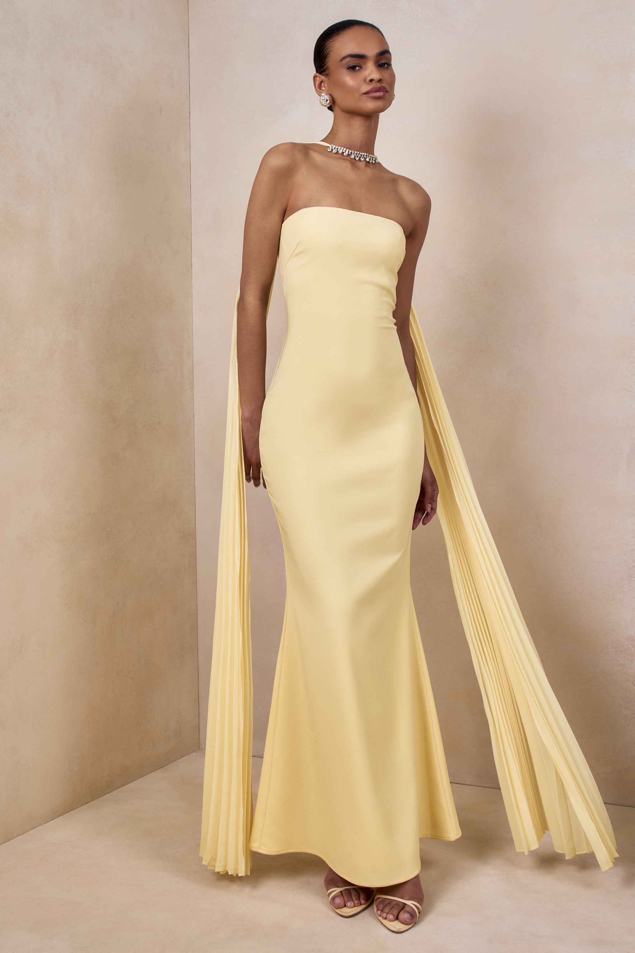 Lemon Bandeau Embellished Scarf Maxi Dress – Elegant Wedding Guest Evening Gown