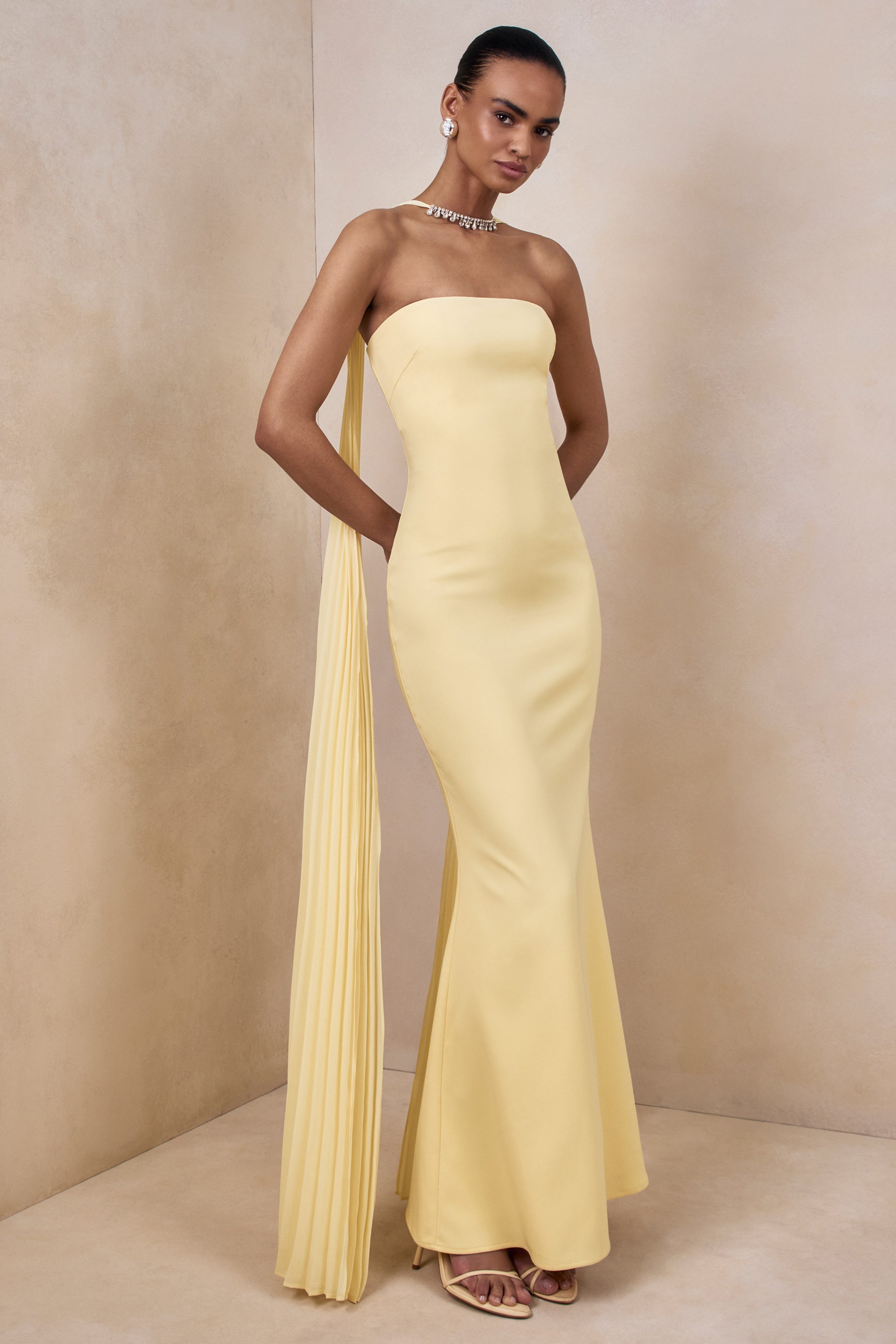 Lemon Bandeau Embellished Scarf Maxi Dress – Elegant Wedding Guest Evening Gown