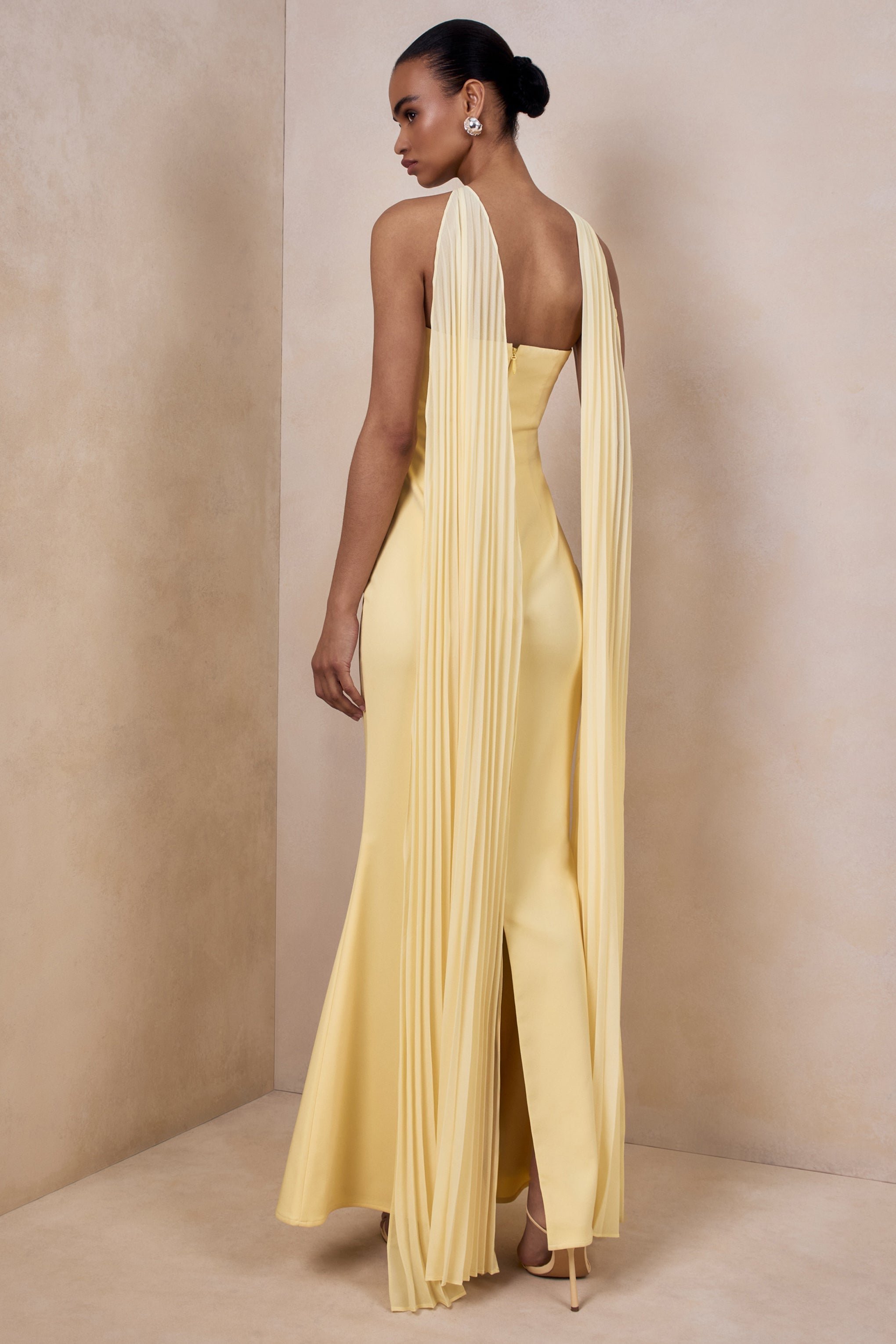 Lemon Bandeau Embellished Scarf Maxi Dress – Elegant Wedding Guest Evening Gown