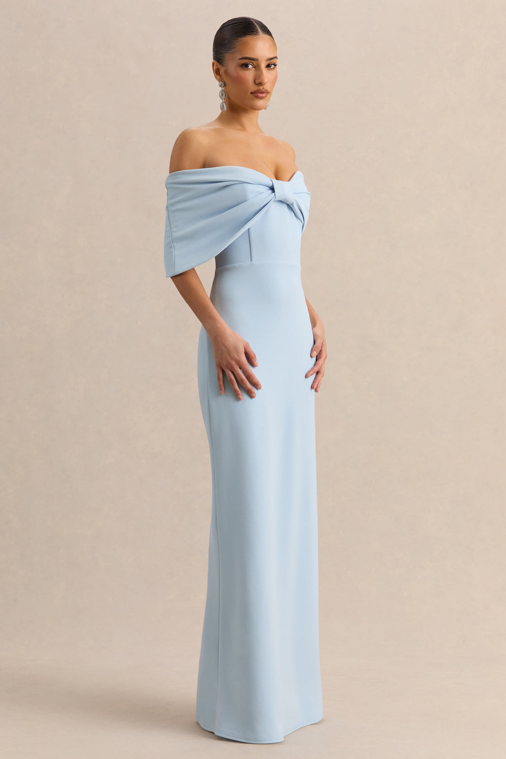 Light Blue Bow Bardot Maxi Dress – Elegant Wedding Guest Evening Gown