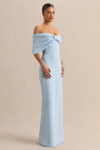 Light Blue Bow Bardot Maxi Dress – Elegant Wedding Guest Evening Gown