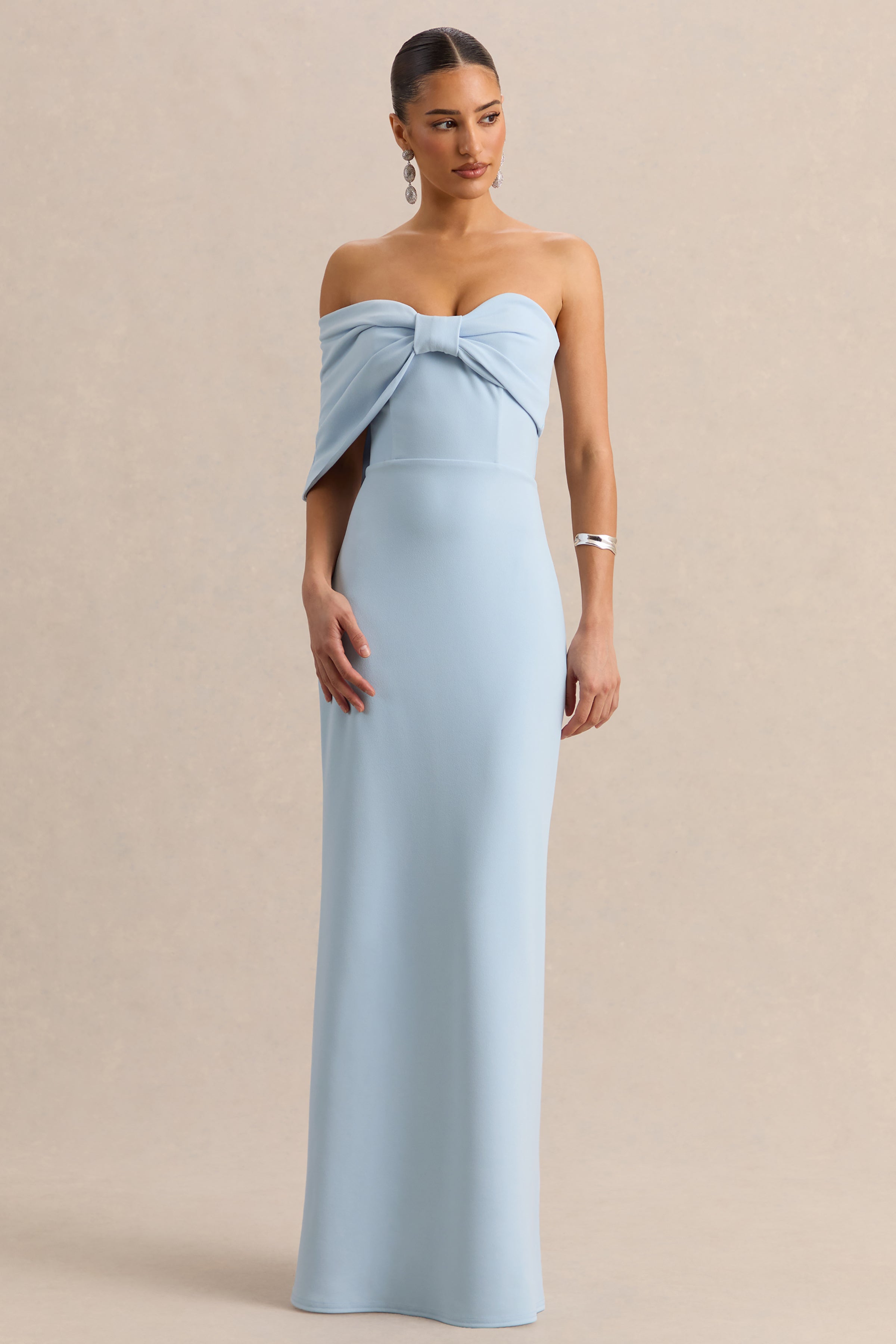 Light Blue Bow Bardot Maxi Dress – Elegant Wedding Guest Evening Gown