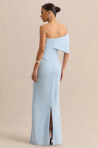 Light Blue Bow Bardot Maxi Dress – Elegant Wedding Guest Evening Gown