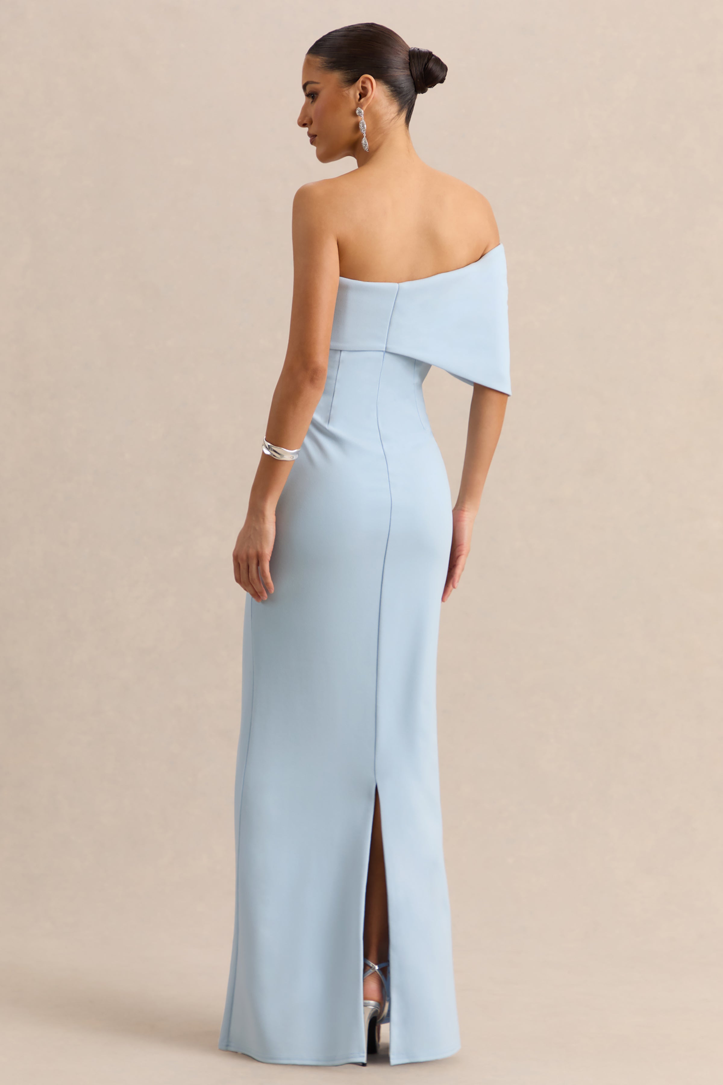 Light Blue Bow Bardot Maxi Dress – Elegant Wedding Guest Evening Gown