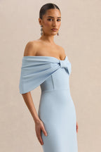 Light Blue Bow Bardot Maxi Dress – Elegant Wedding Guest Evening Gown
