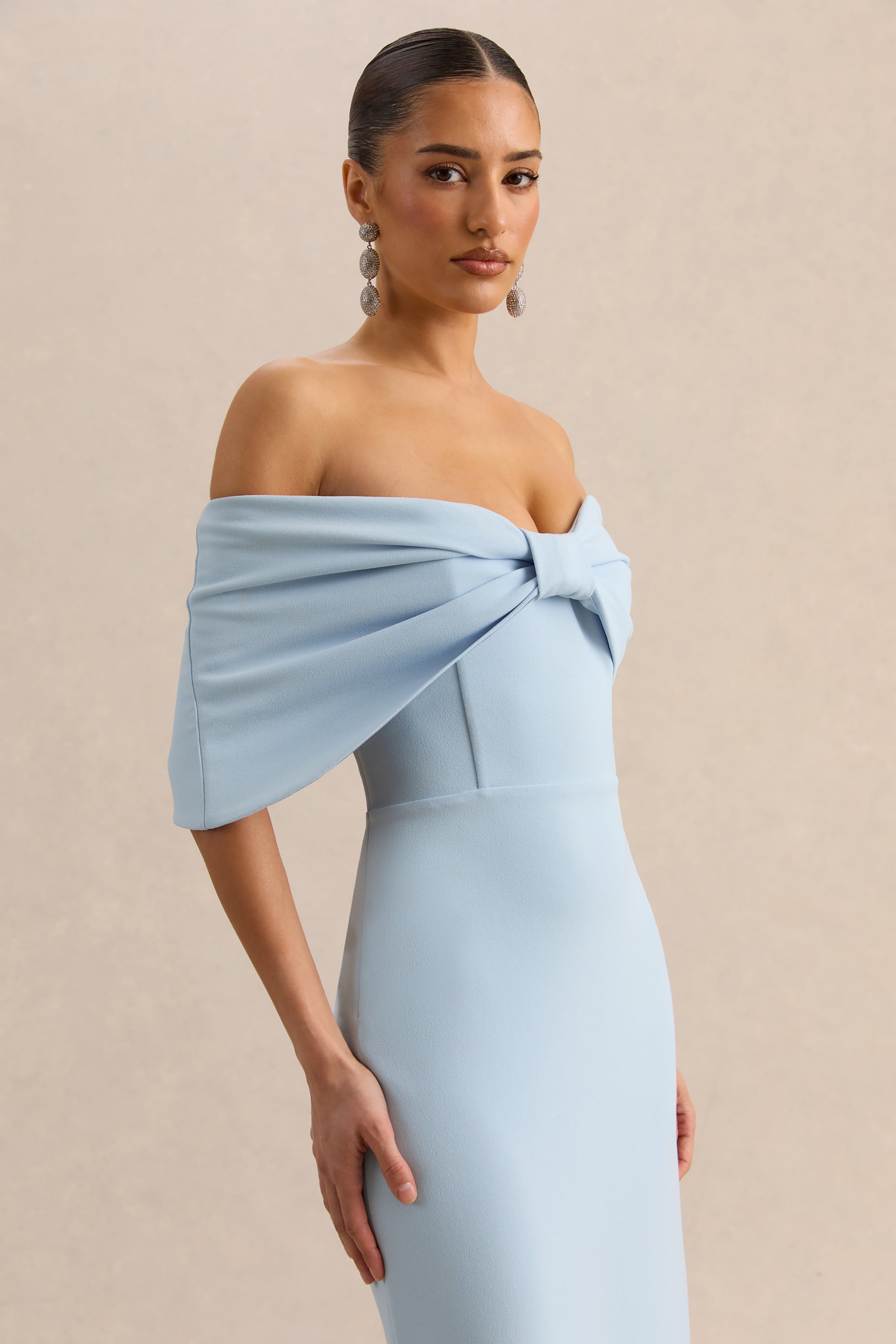 Light Blue Bow Bardot Maxi Dress – Elegant Wedding Guest Evening Gown