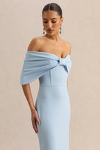 Light Blue Bow Bardot Maxi Dress – Elegant Wedding Guest Evening Gown
