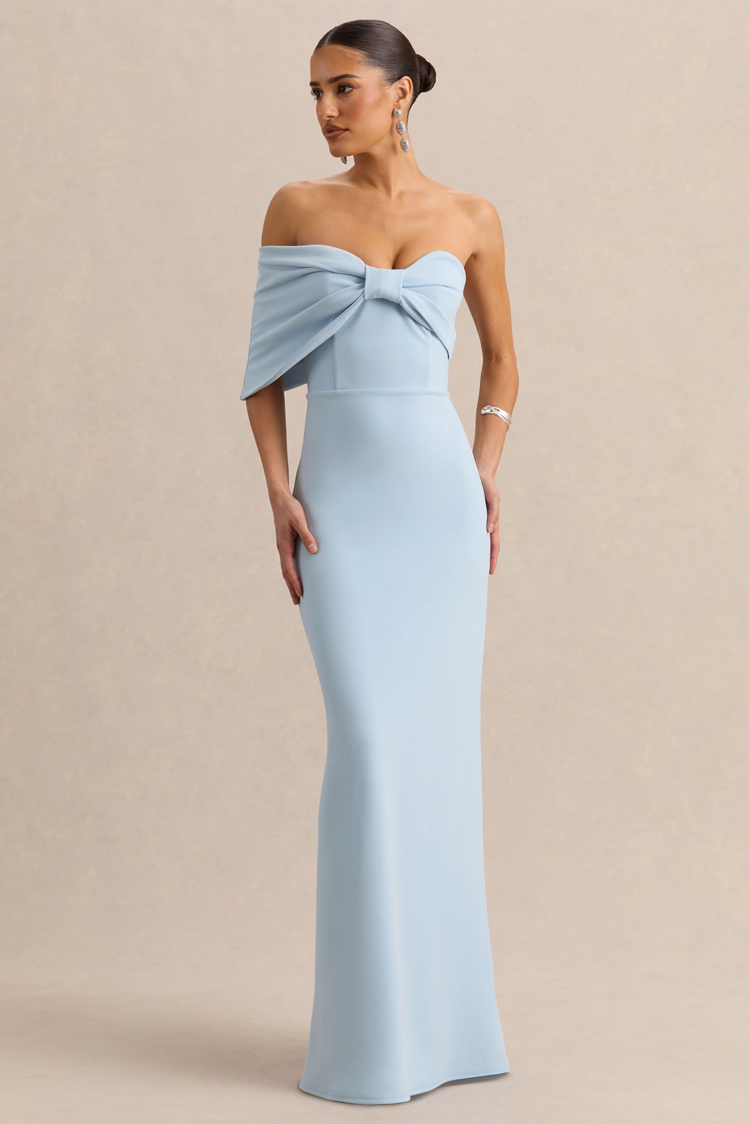 Light Blue Bow Bardot Maxi Dress – Elegant Wedding Guest Evening Gown