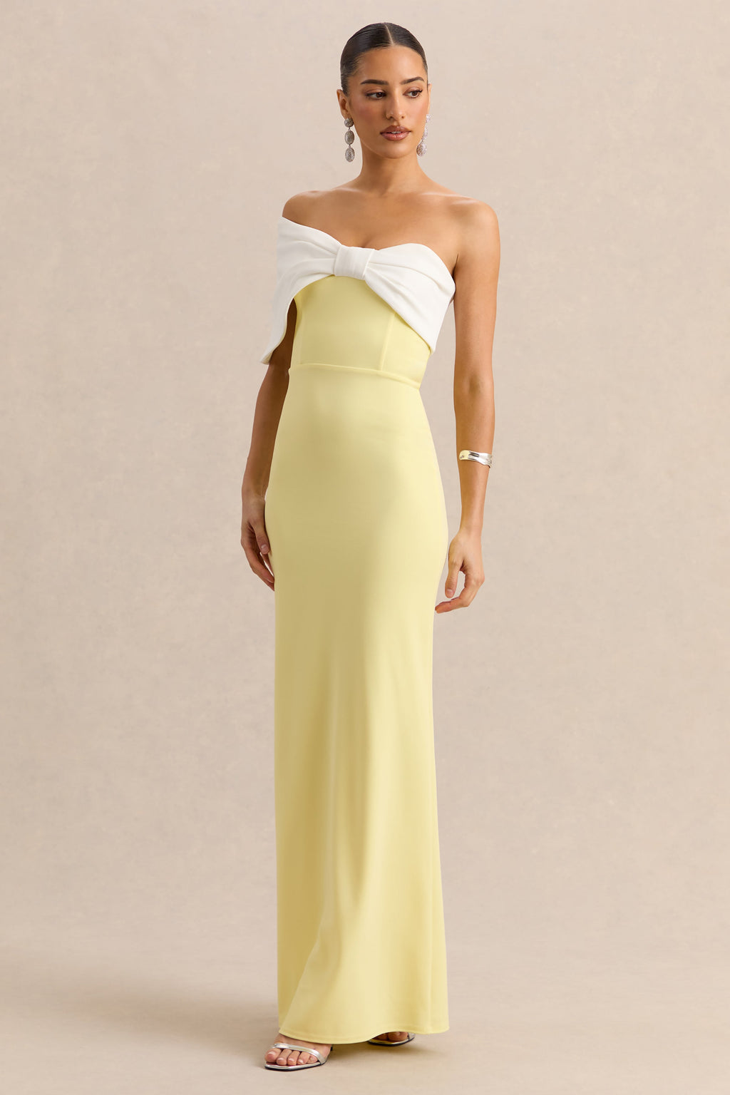 Lemon White Bow Bardot Maxi Dress – Elegant Wedding Guest Evening Gown