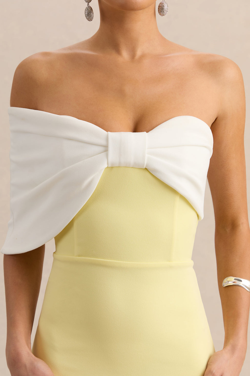 Lemon White Bow Bardot Maxi Dress – Elegant Wedding Guest Evening Gown