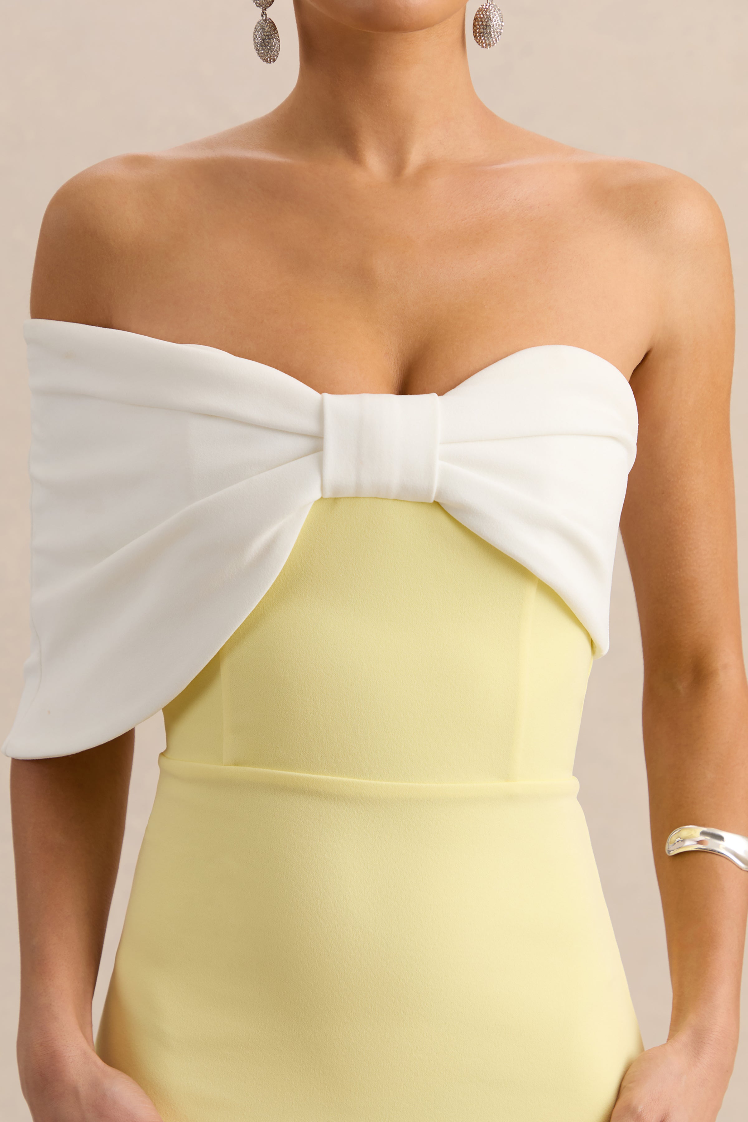 Lemon White Bow Bardot Maxi Dress – Elegant Wedding Guest Evening Gown
