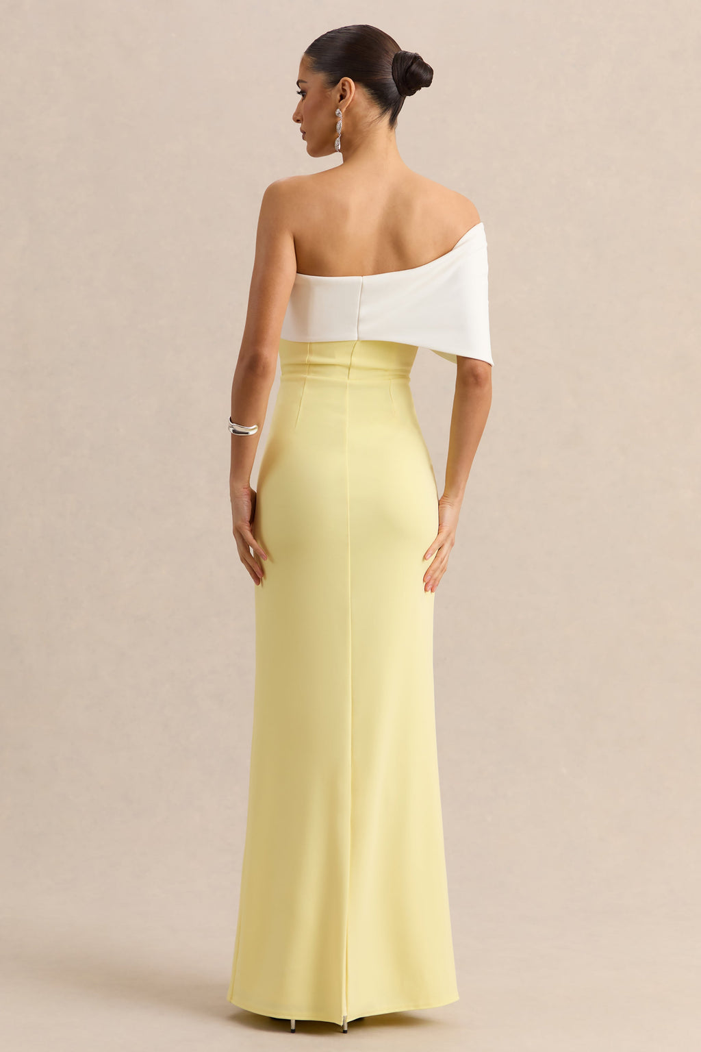 Lemon White Bow Bardot Maxi Dress – Elegant Wedding Guest Evening Gown