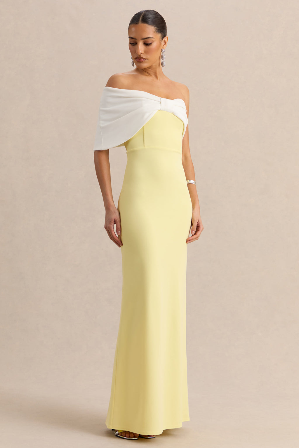 Lemon White Bow Bardot Maxi Dress – Elegant Wedding Guest Evening Gown