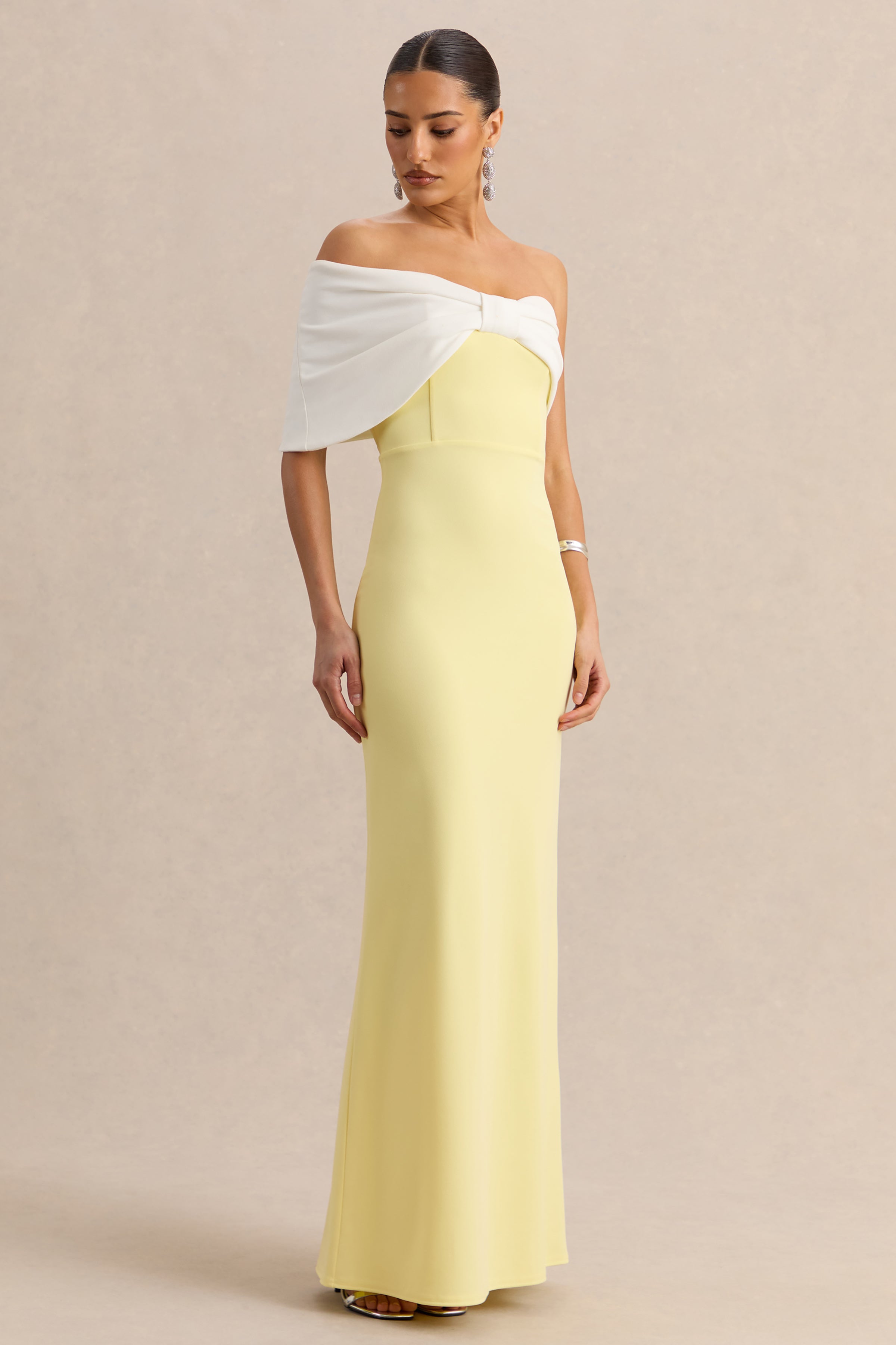 Lemon White Bow Bardot Maxi Dress – Elegant Wedding Guest Evening Gown