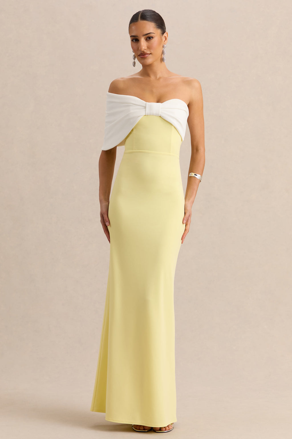 Lemon White Bow Bardot Maxi Dress – Elegant Wedding Guest Evening Gown