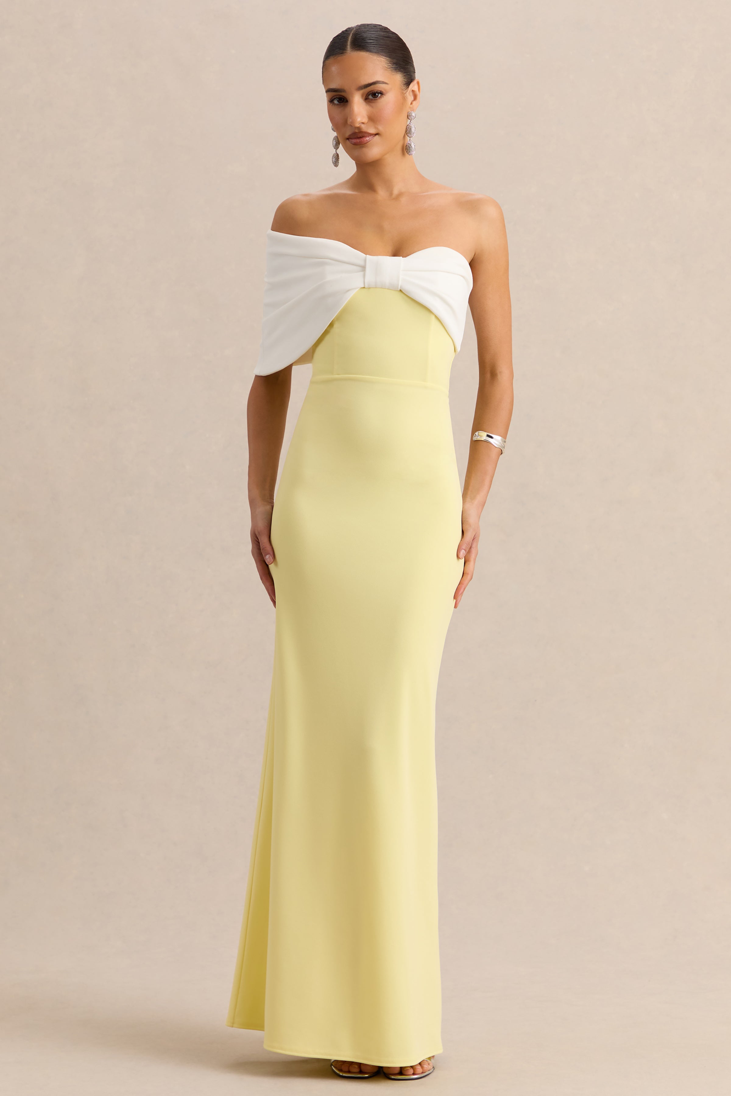 Lemon White Bow Bardot Maxi Dress – Elegant Wedding Guest Evening Gown