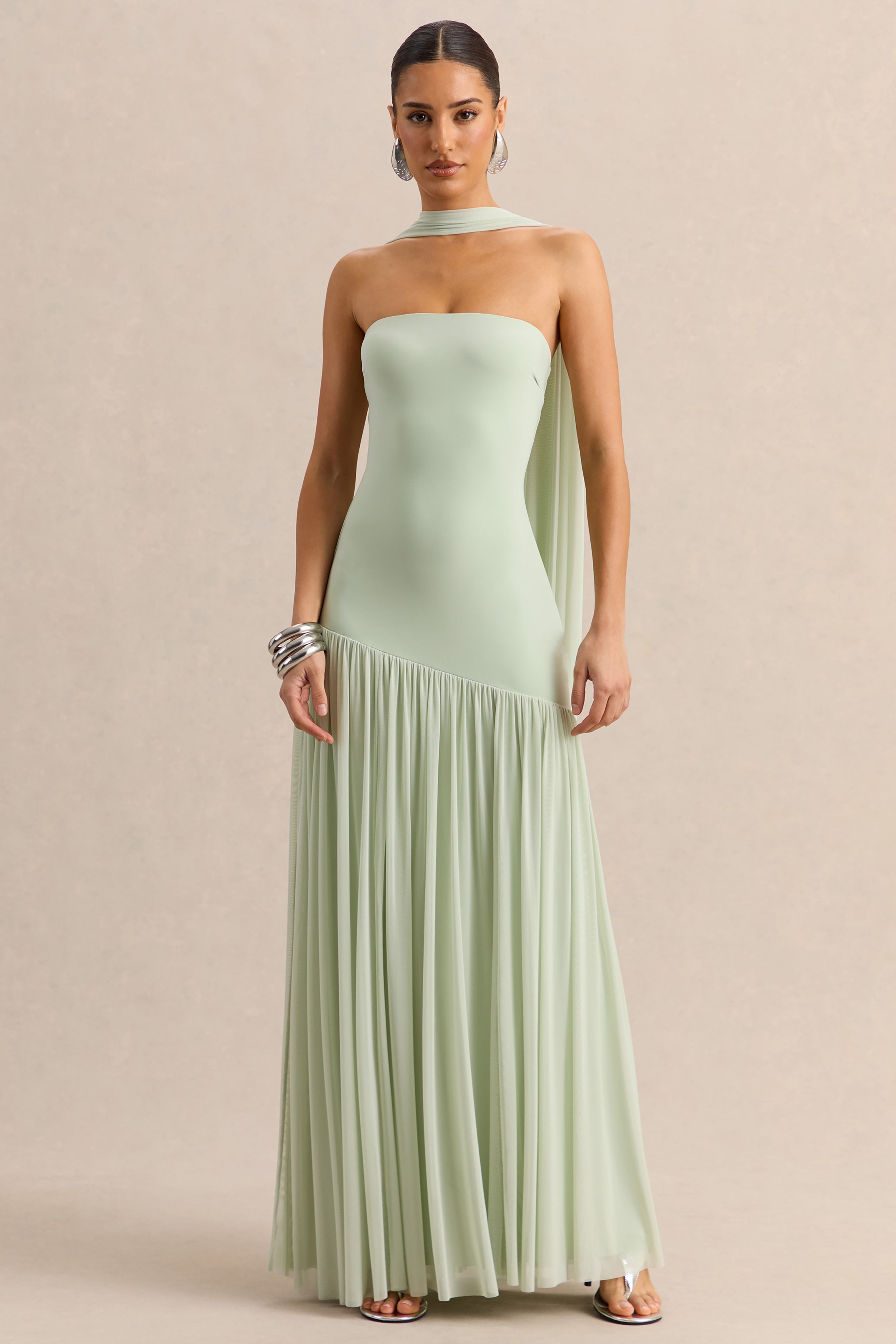 Bambi | Minzfarbenes Bandeau-Maxikleid mit Schaldetail