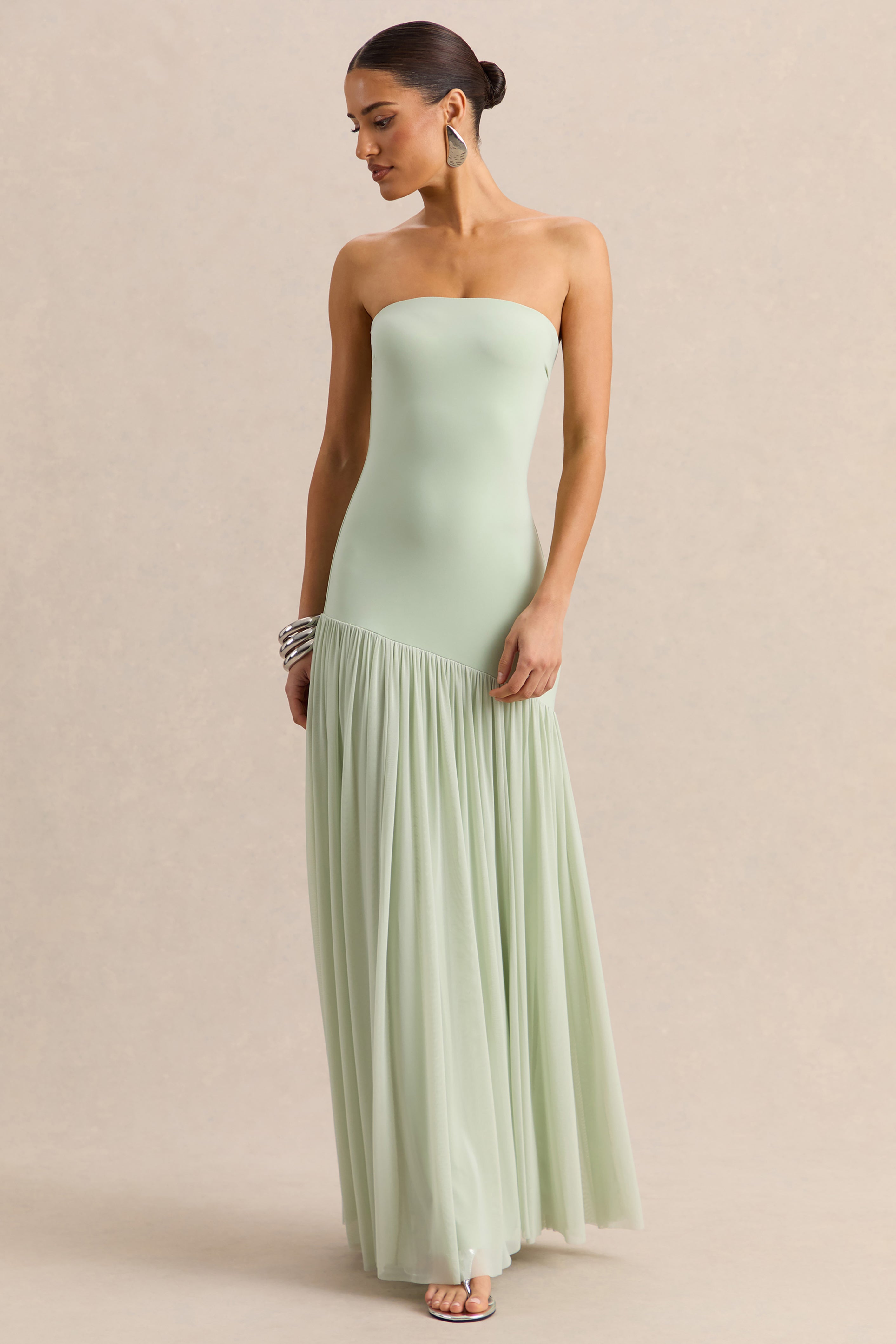 Bambi | Minzfarbenes Bandeau-Maxikleid mit Schaldetail