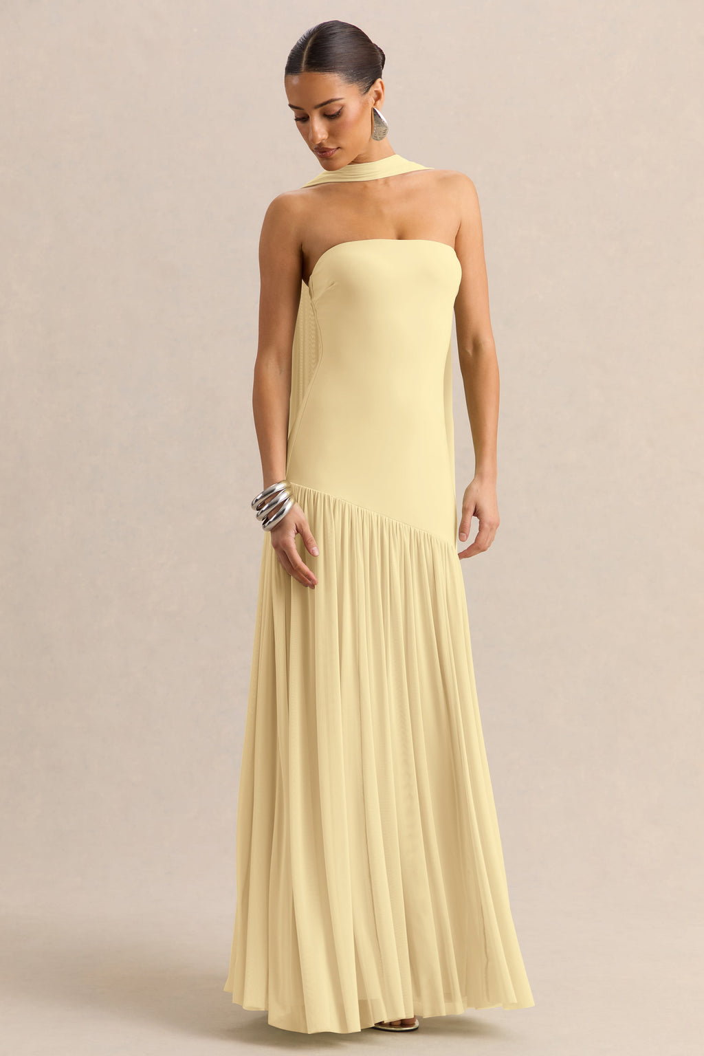 Lemon Bandeau Scarf Detail Maxi Dress – Elegant Wedding Guest Evening Gown