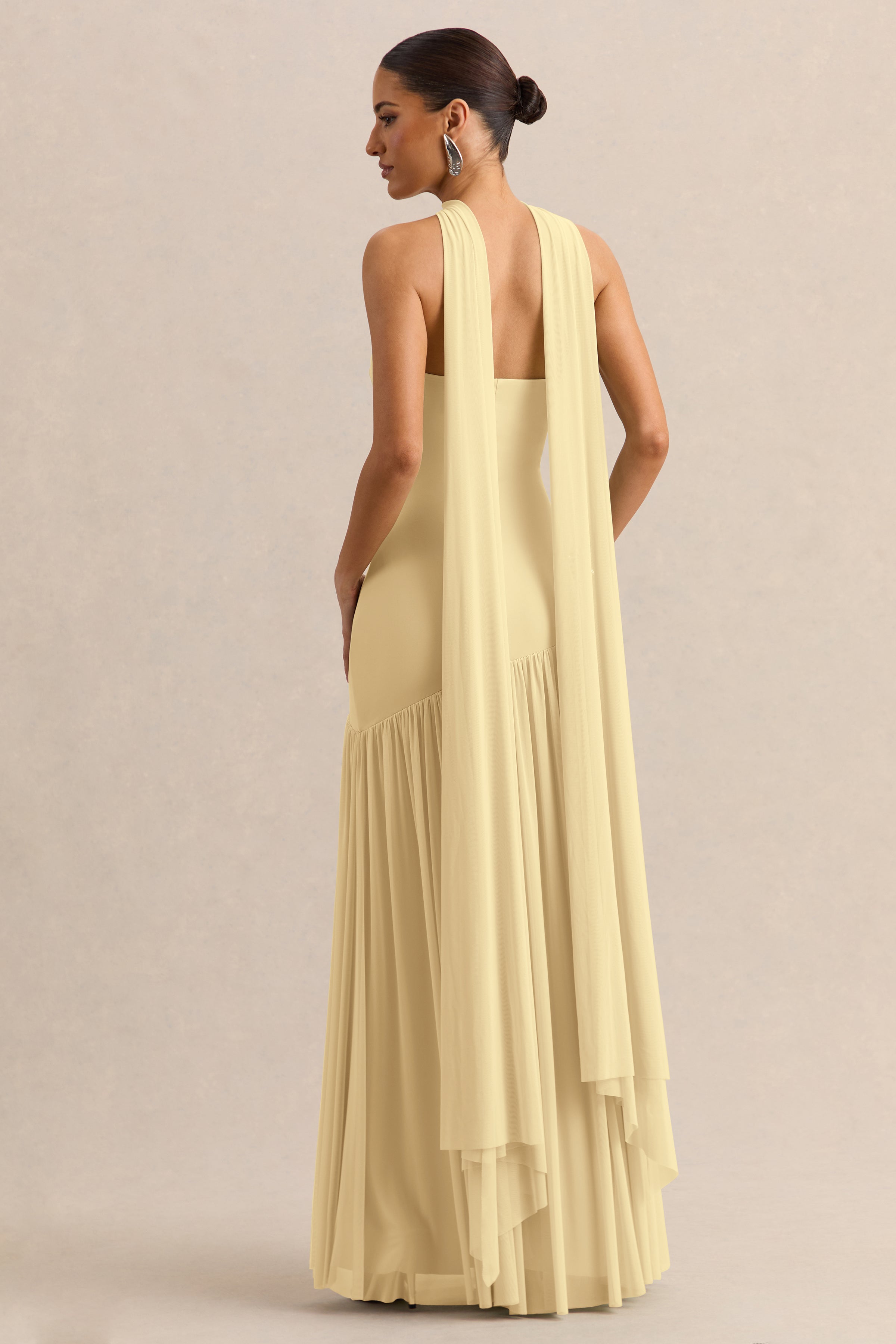Lemon Bandeau Scarf Detail Maxi Dress – Elegant Wedding Guest Evening Gown