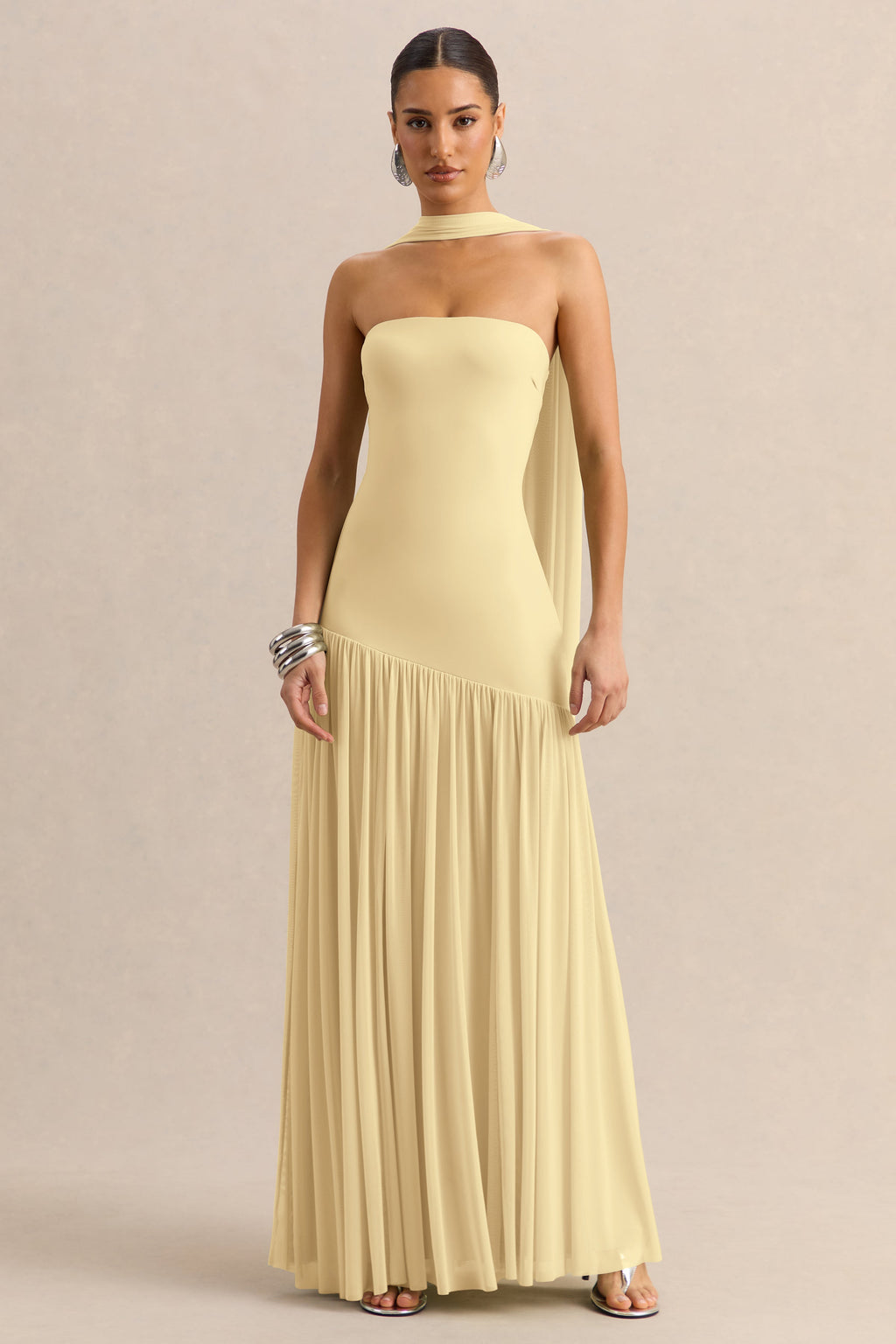 Lemon Bandeau Scarf Detail Maxi Dress – Elegant Wedding Guest Evening Gown