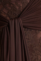 Brown Lace High Neck Sash Maxi Dress – Glamorous Wedding Guest Evening Gown
