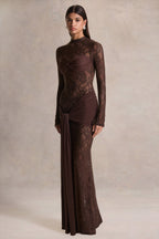 Brown Lace High Neck Sash Maxi Dress – Glamorous Wedding Guest Evening Gown