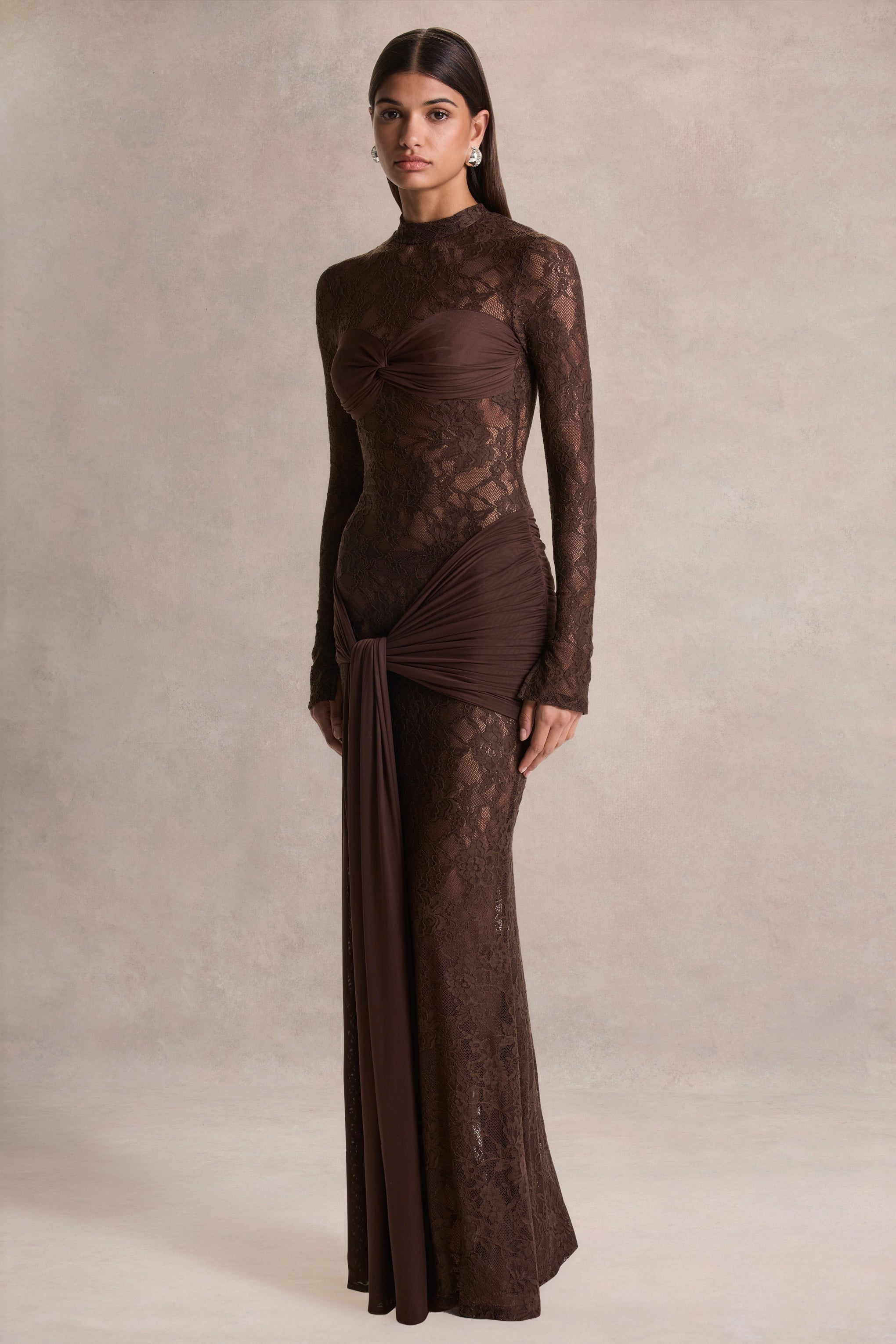 Brown Lace High Neck Sash Maxi Dress – Glamorous Wedding Guest Evening Gown