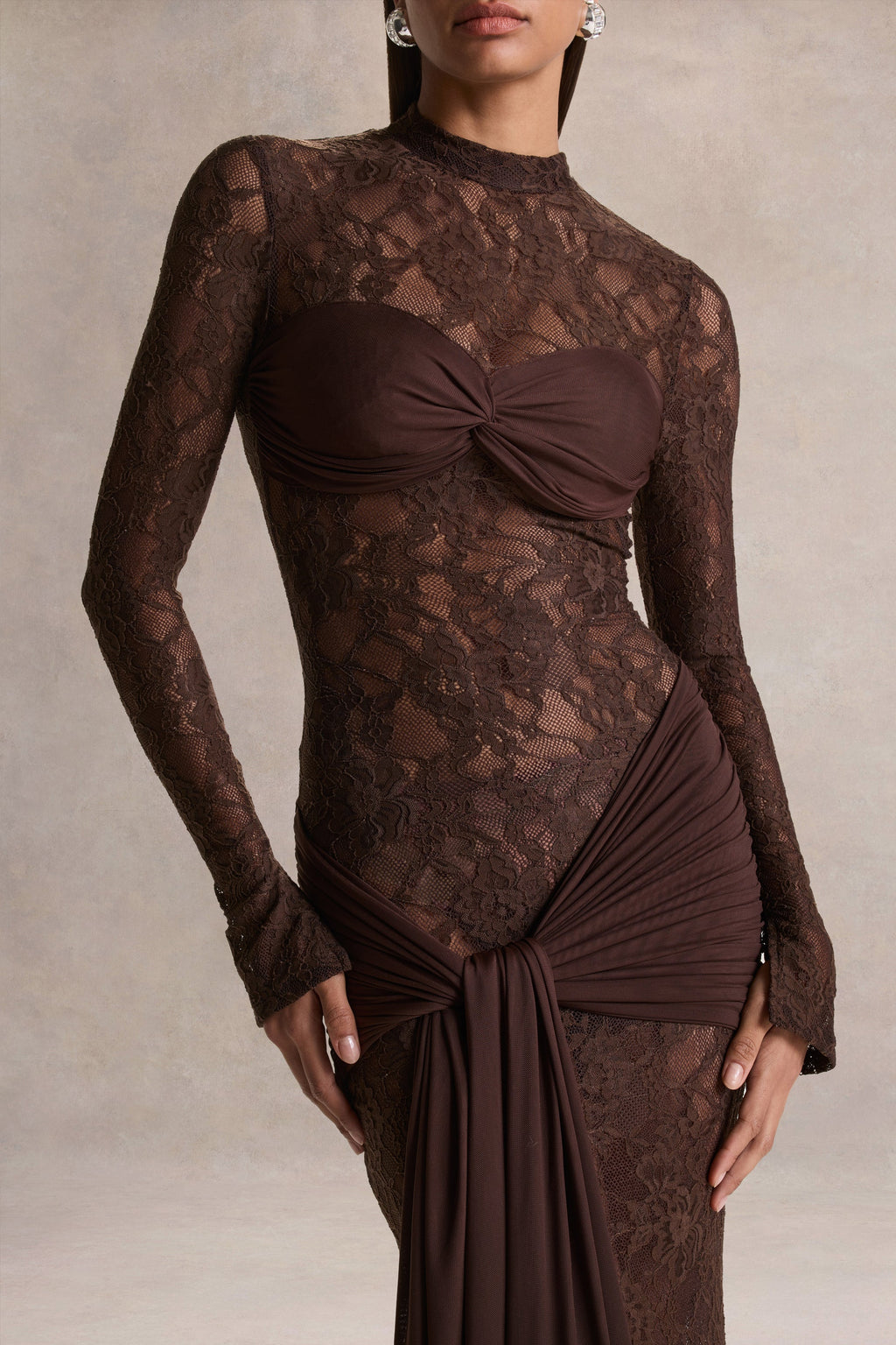 Brown Lace High Neck Sash Maxi Dress – Glamorous Wedding Guest Evening Gown