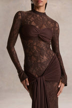 Brown Lace High Neck Sash Maxi Dress – Glamorous Wedding Guest Evening Gown