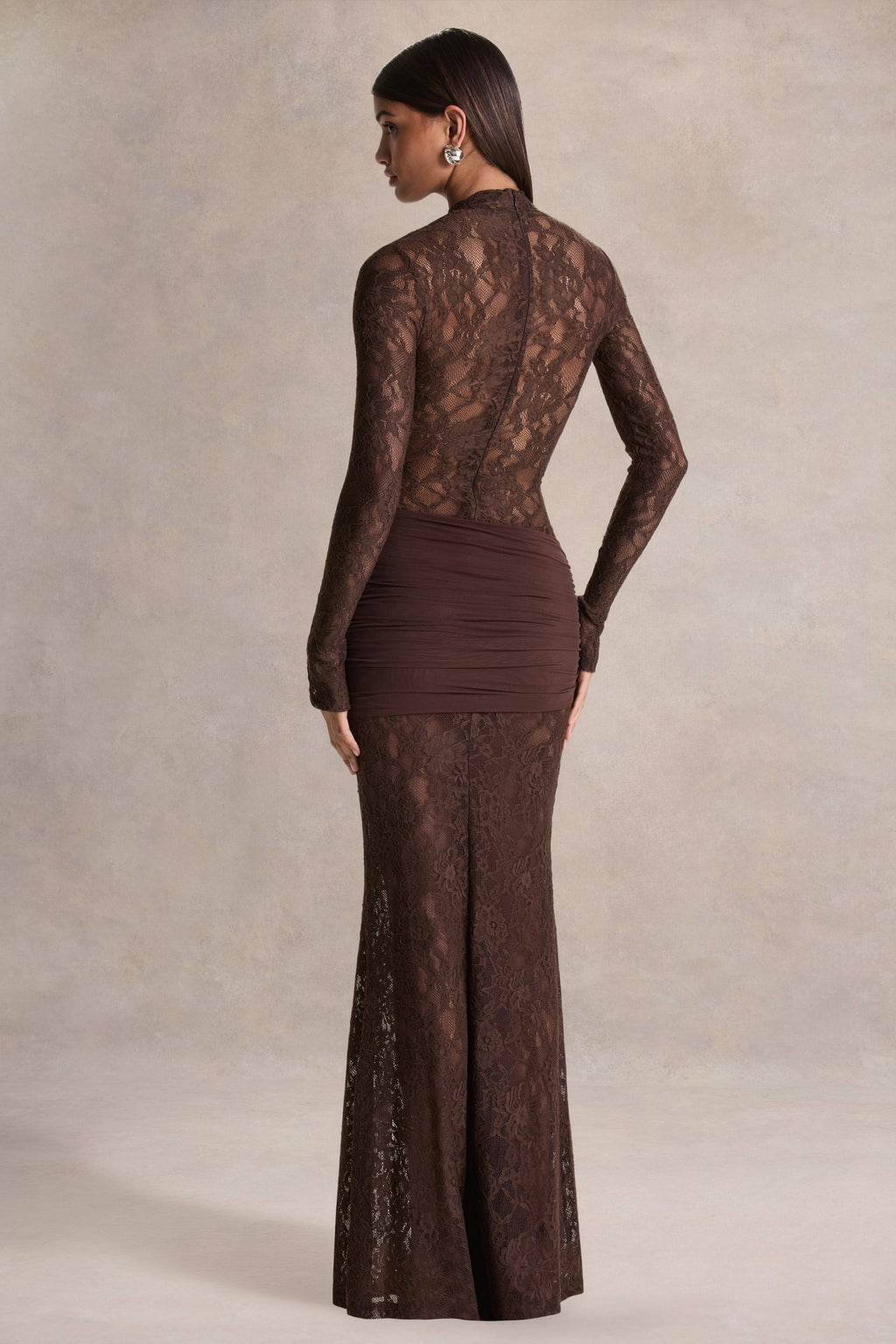 Brown Lace High Neck Sash Maxi Dress – Glamorous Wedding Guest Evening Gown