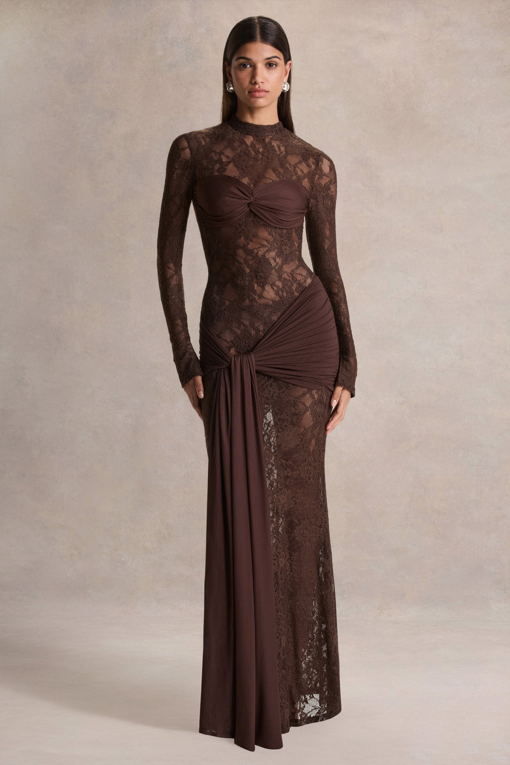Brown Lace High Neck Sash Maxi Dress – Glamorous Wedding Guest Evening Gown