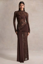 Brown Lace High Neck Sash Maxi Dress – Glamorous Wedding Guest Evening Gown