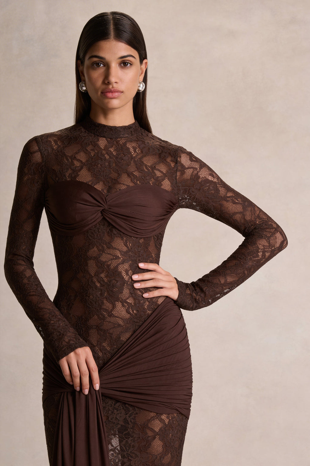 Brown Lace High Neck Sash Maxi Dress – Glamorous Wedding Guest Evening Gown