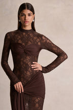 Brown Lace High Neck Sash Maxi Dress – Glamorous Wedding Guest Evening Gown