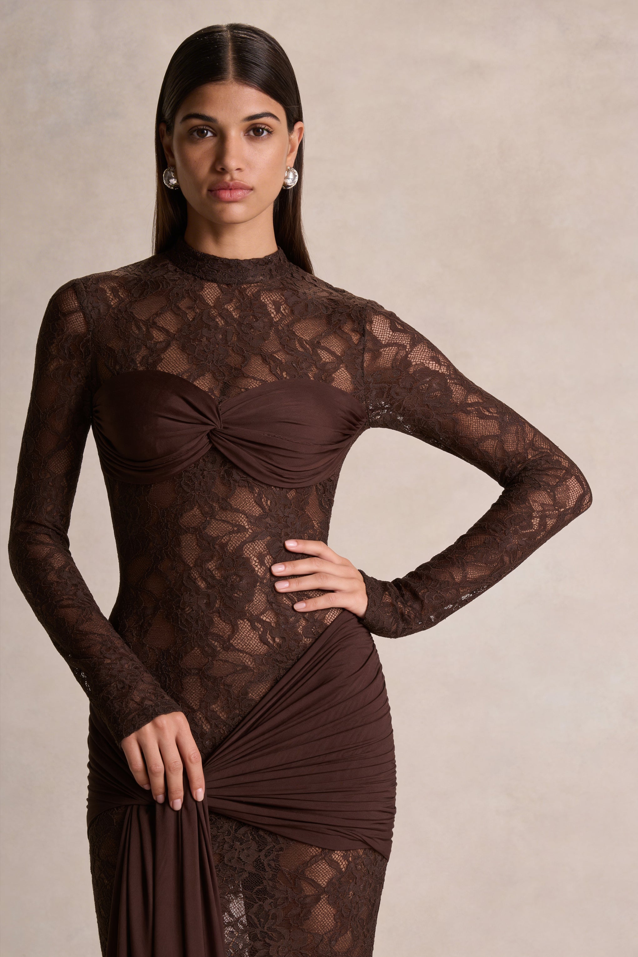 Brown Lace High Neck Sash Maxi Dress – Glamorous Wedding Guest Evening Gown