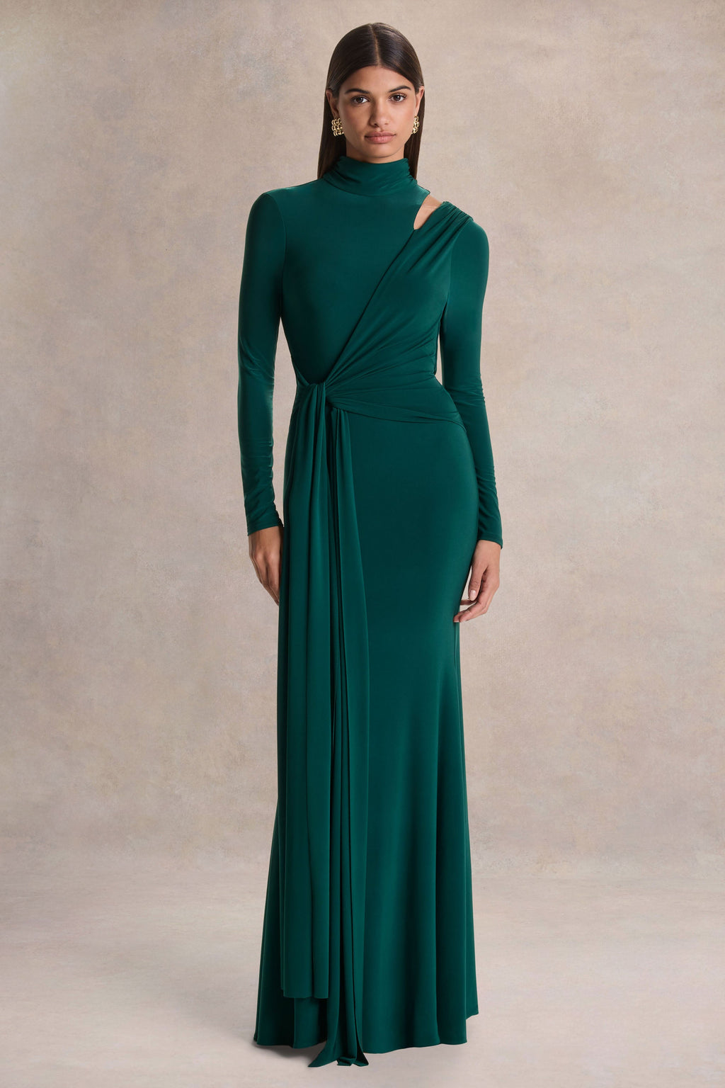 Dark Green High Neck Ruched Maxi Dress – Luxury Wedding Guest Evening Gown