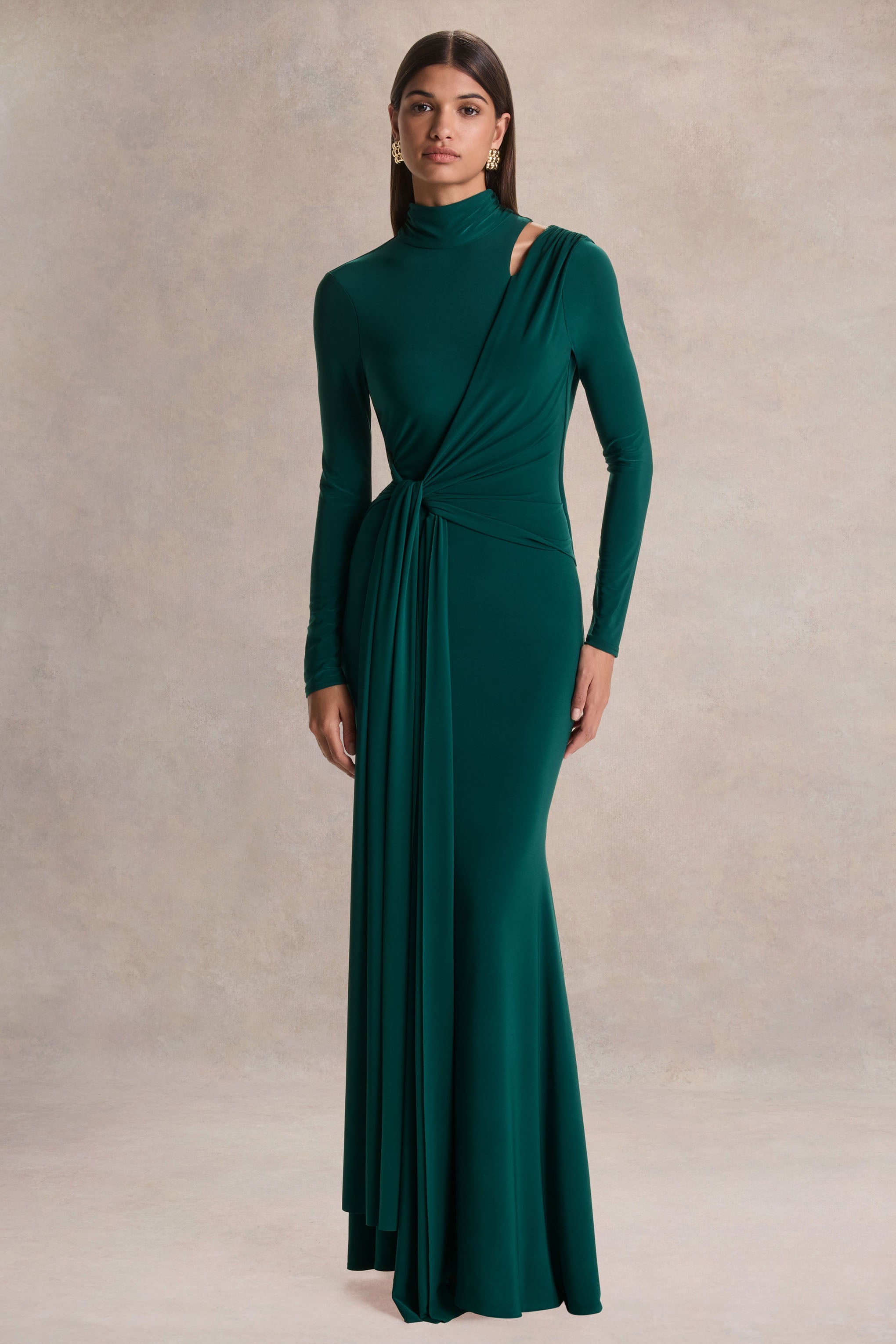 Dark Green High Neck Ruched Maxi Dress – Luxury Wedding Guest Evening Gown