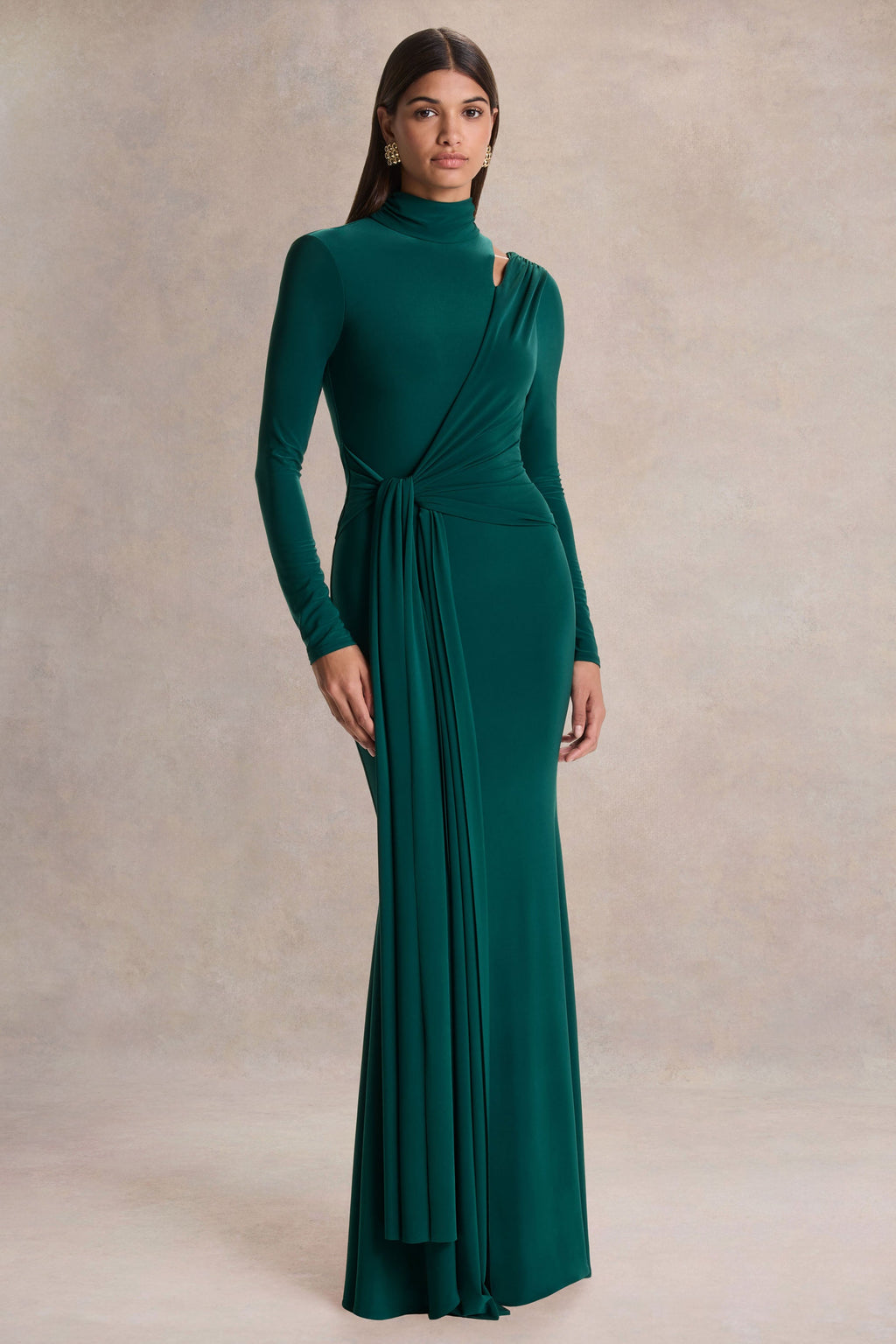 Dark Green High Neck Ruched Maxi Dress – Luxury Wedding Guest Evening Gown