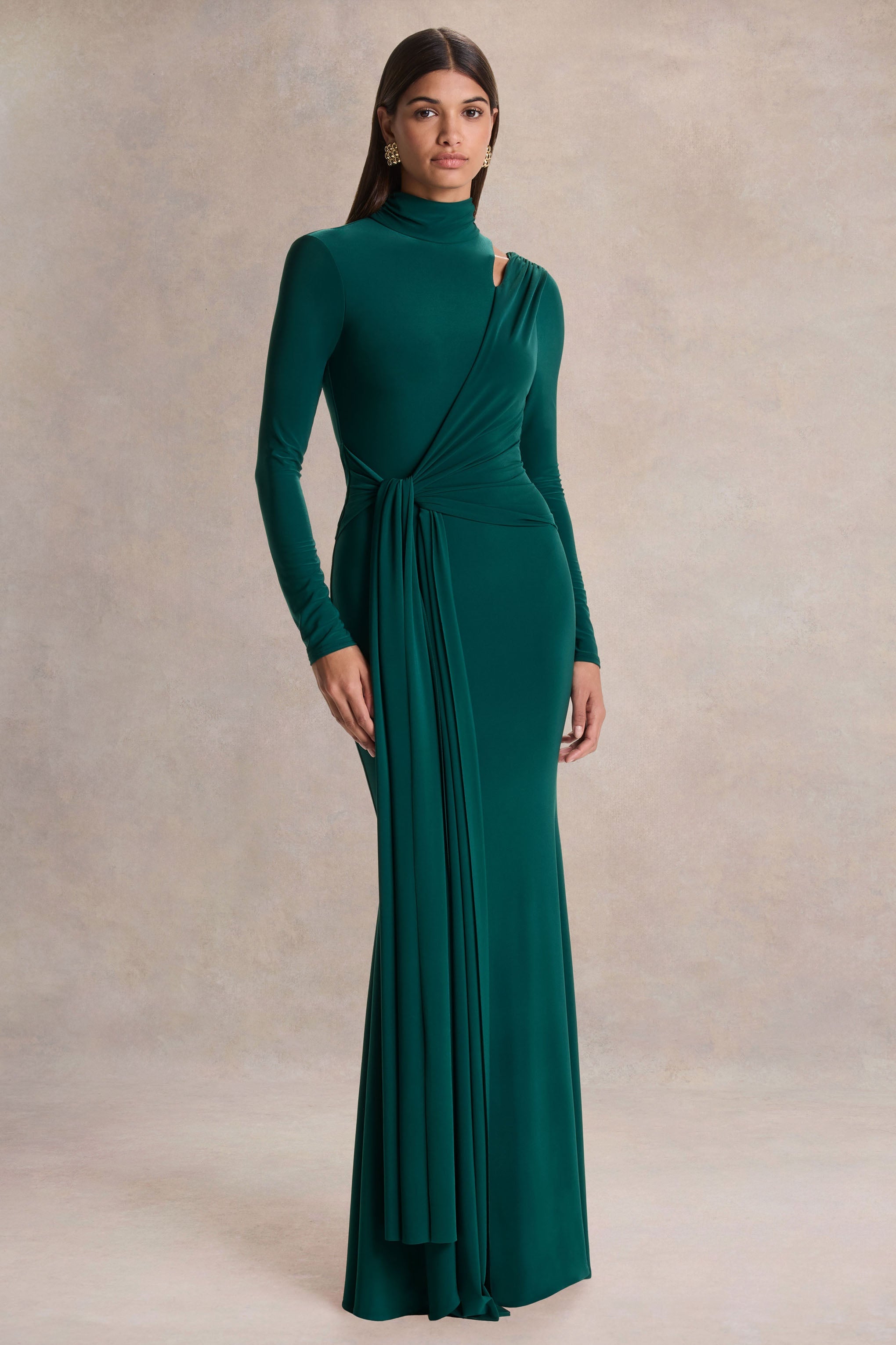 Dark Green High Neck Ruched Maxi Dress – Luxury Wedding Guest Evening Gown