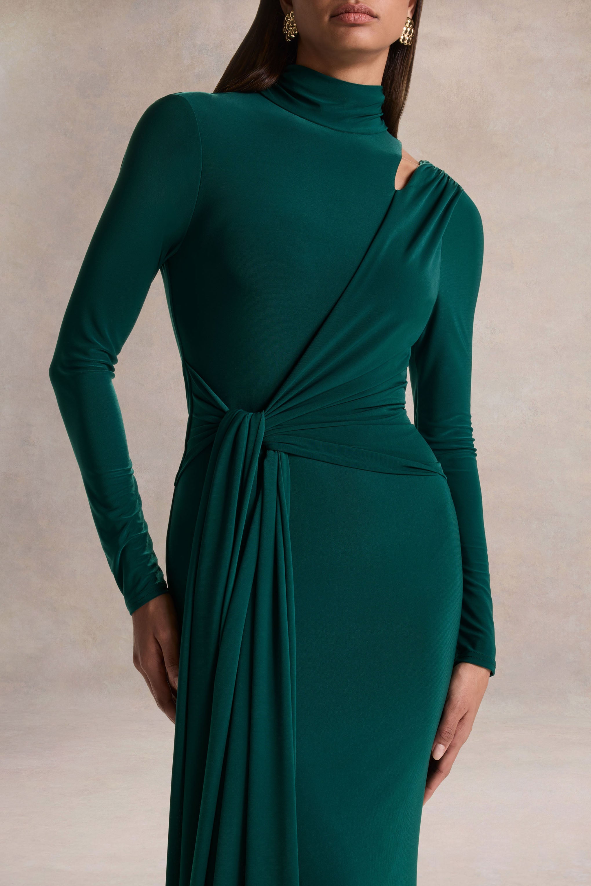 Dark Green High Neck Ruched Maxi Dress – Luxury Wedding Guest Evening Gown